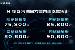 长城风骏5汽油版国六版正式上市 售价7.58万元起/搭载2.4L发动机