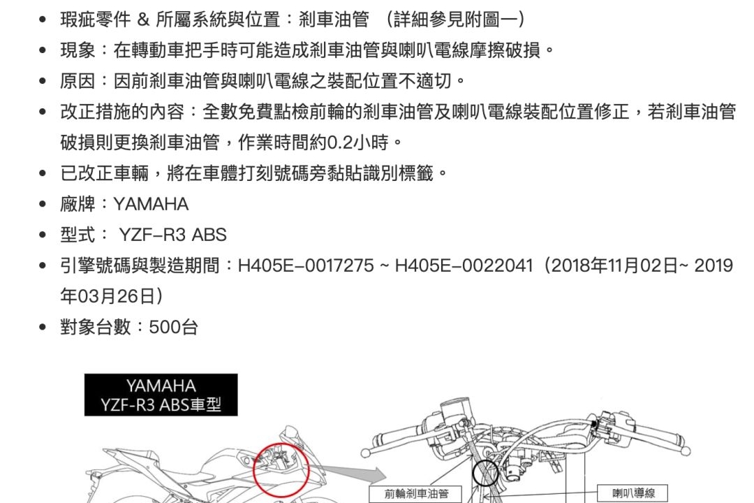 因刹车油管和大撑存在缺陷，雅马哈台湾官方召回部分R3和T-MAX