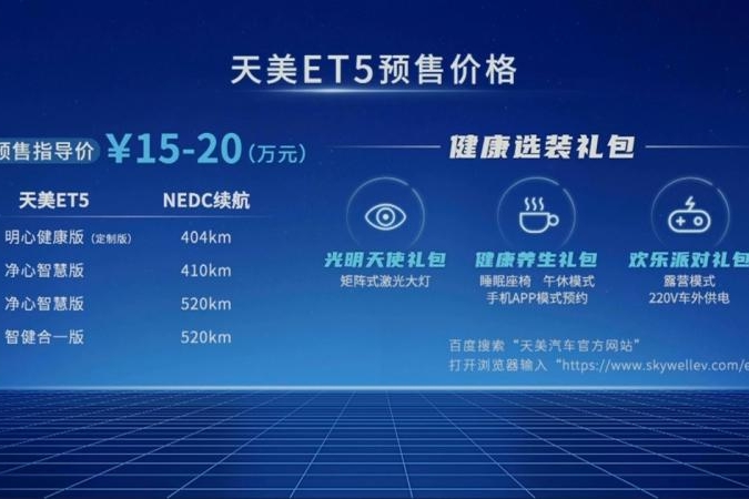 三种续航版本 天美ET5纯电动SUV正式亮相 预售价15万-20万元