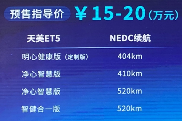 天美ET5正式开启预售 预售15.00-20.00万元