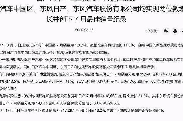 7月同比增长13.5%，东风日产累销54.5万辆