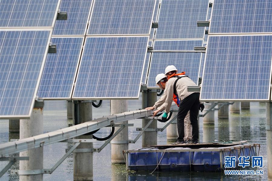 6月14日，河北省唐山市丰南区通威“渔光一体”现代渔业产业园的工人检修光伏发电设施。