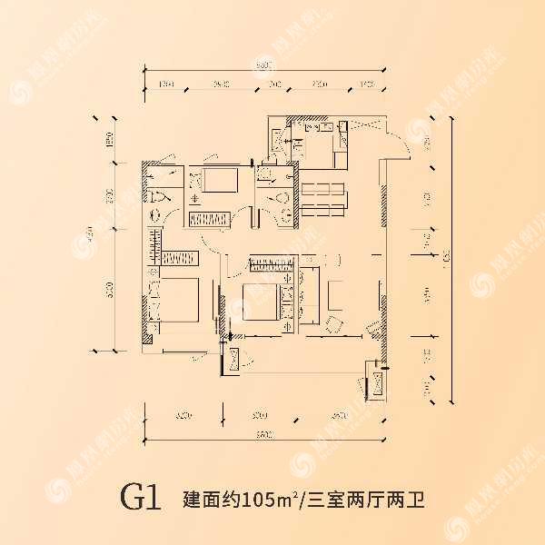 领地天屿g1,领地天屿3室2厅2卫 105㎡户型图,朝向-郑州凤凰网房产