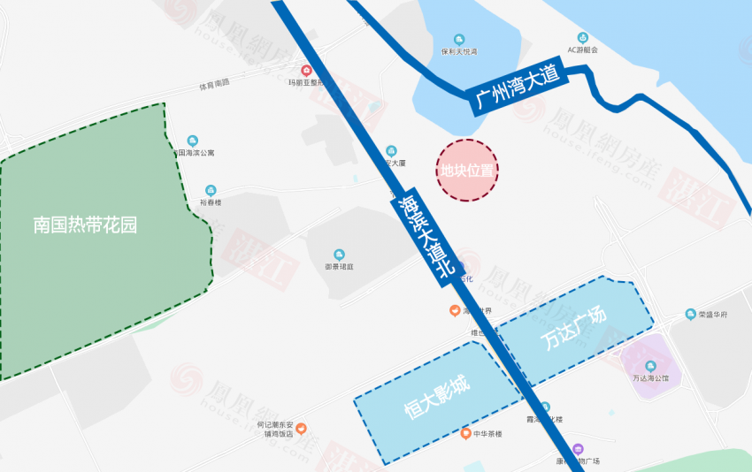 根据位置信息,地块位于万达广场商圈附近,靠近广州湾大道.
