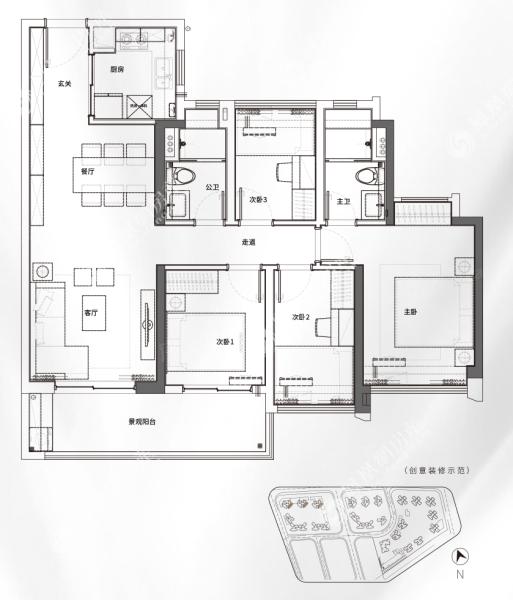 3室2厅2卫 102,越秀·天悦云湖3室2厅2卫 102㎡户型图,朝向-广州