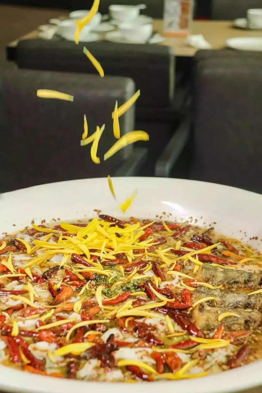 鱼肉汇聚在一起 大胃王都觉得满足~ 每盆酸菜鱼都会撒上一层菊花 颜值