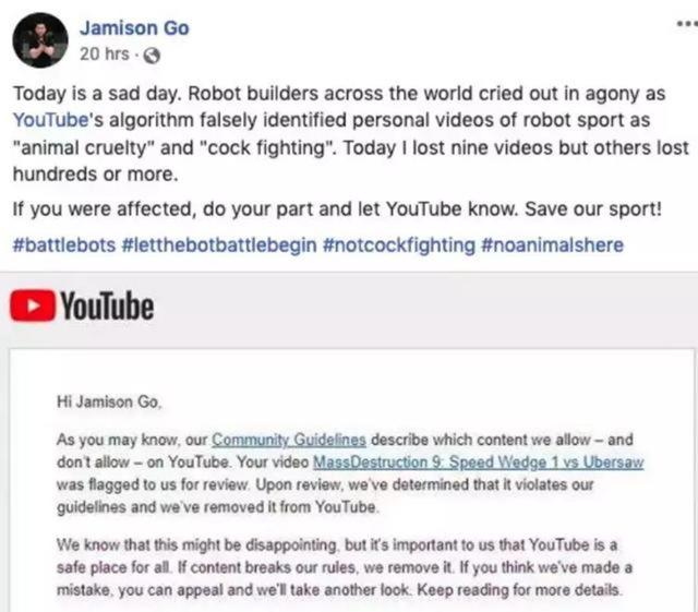 YouTube人工智能删掉了大量机器人格斗视频，人类该提高警惕了？
