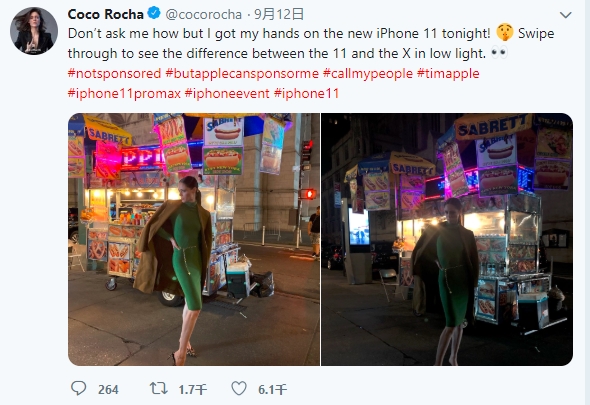 国际超模晒iPhone 11 Pro Max夜晚样张：对比iPhone X进步惊人