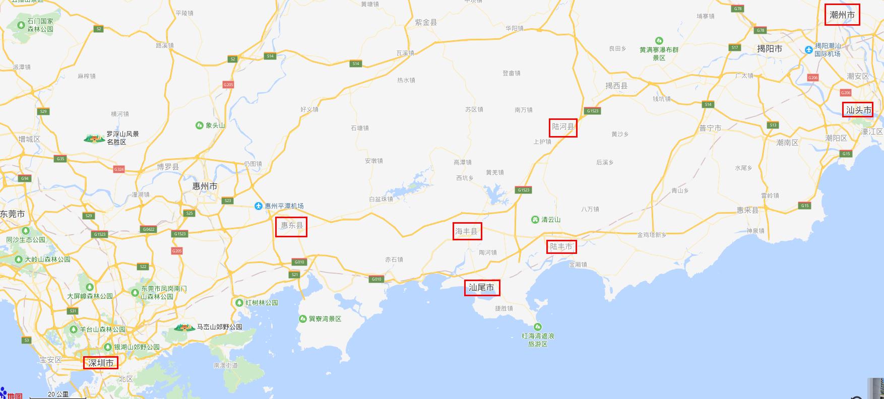 下面的地图,不难看出,汕尾的地理位置是有点尴尬的,首先离潮汕城市群