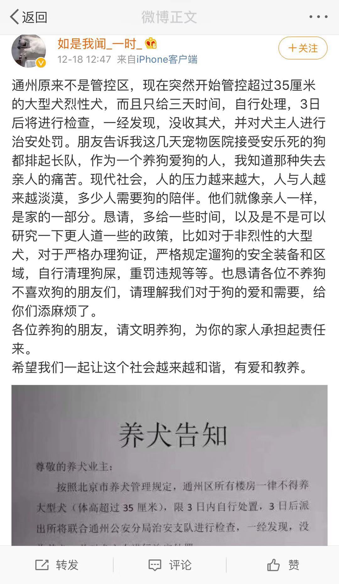 朴树质疑北京通州限期处理超35cm大型犬 警方回应