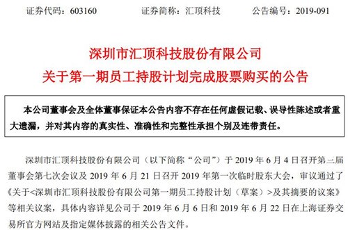 芯片商汇顶科技第一期员工持股计划完成股票购买，成交均价179.4元