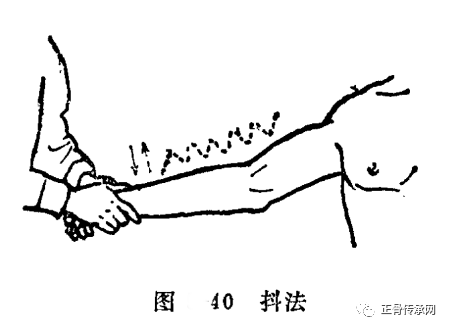 抖法; 用双手或单手握住患肢远端,用力作小幅度的上下或前后连续