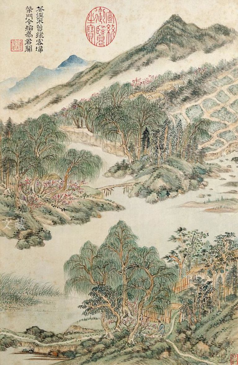 清 王时敏 画杜甫诗意图册之“山村春色” 纸本设色 共十二开 故宫博物院藏