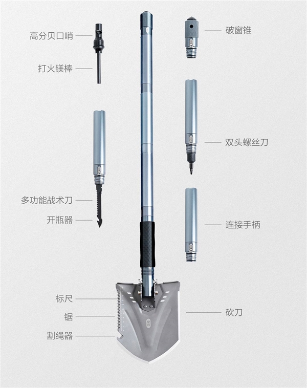 18+功能！小米有品上架户外多功能铲：一秒安装、车载自卫
