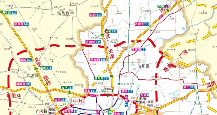 与待建济南至高青公路衔接设置黄河枢纽互通;路线向西北方向经贾姑庵