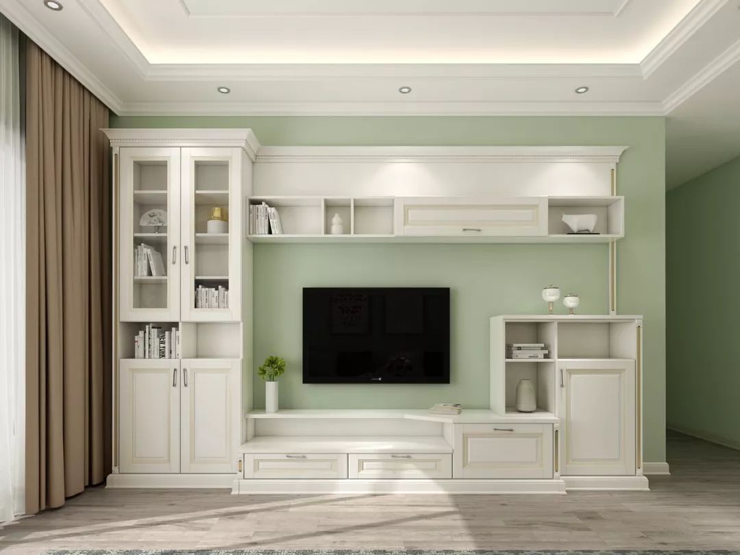 简欧风电视柜以浅色调,莫兰迪色调的软装家具来搭配,让客厅显得更为