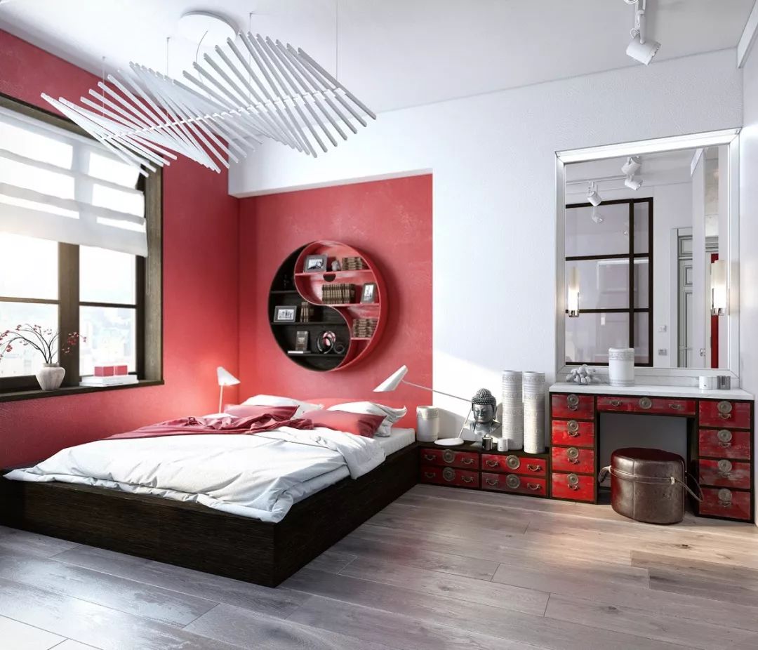 小洋房别墅卧室红色窗帘装饰设计效果图_别墅设计图