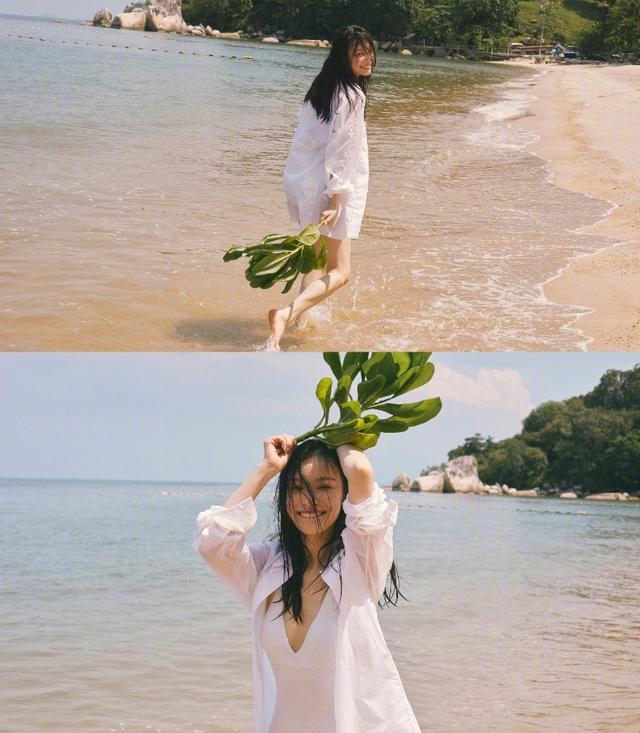 「熊猫娱乐」倪妮拍性感写真，海滩大秀火辣身材，泳衣造型美腿抢镜