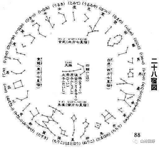 张衡《灵宪》:"苍龙连蜷于左,白虎猛据于右,朱雀奋翼于前,灵龟圈首于