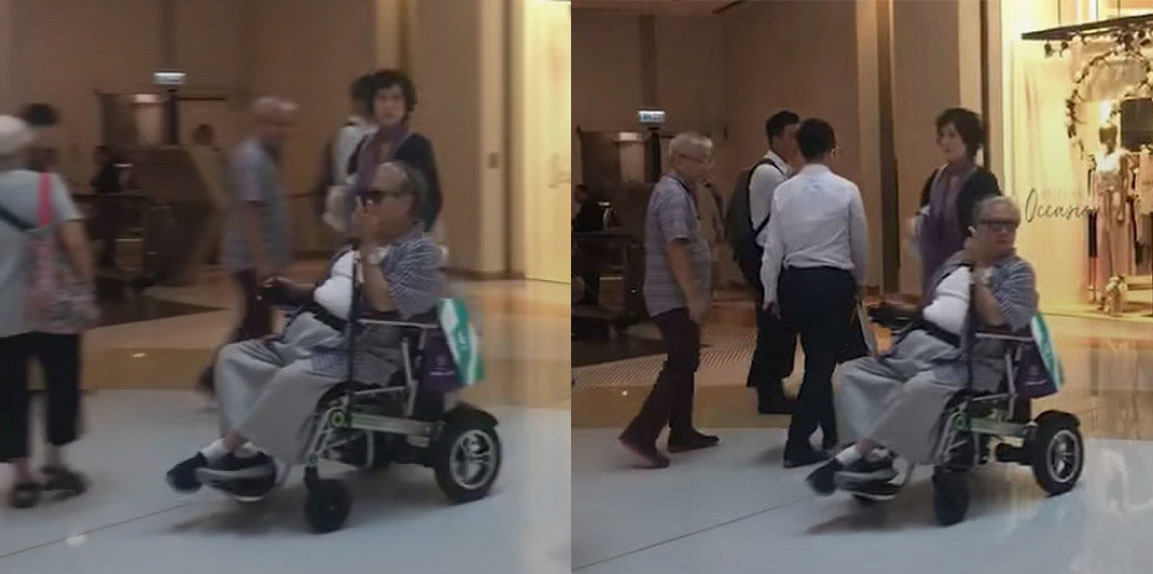 「熊猫娱乐」洪金宝深夜陪美妻现身，拄拐杖头发苍白，走路要助理搀扶
