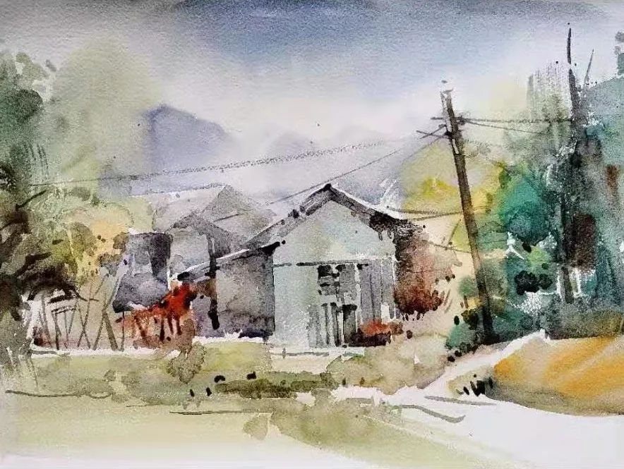 纸本水彩画《皖南大山里的老房子》尺寸:35x50cm