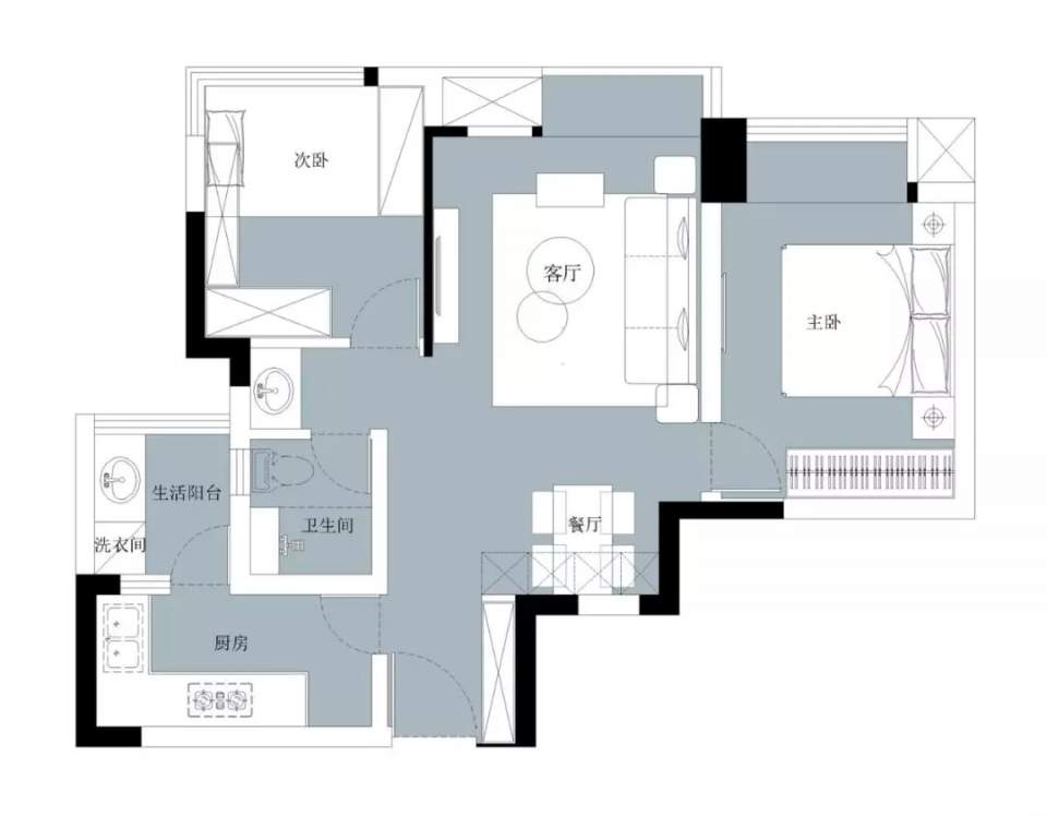 一套建筑面积70平米的北欧轻奢风小户型二居室案例,房子以浅绿色为主