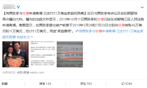 逃难姐妹花!继董璇高云翔婚姻破裂后,疑似甘薇向贾跃亭提出离婚