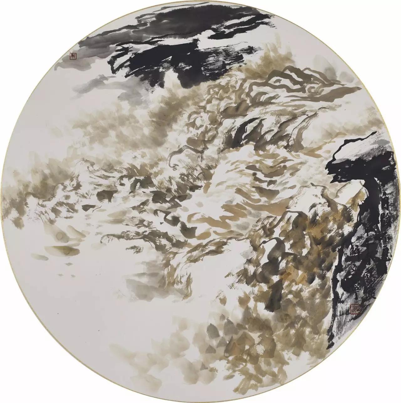 艺术家解安宁作品系列《黄河情团扇》之一68×68cm,材料:水墨纸本