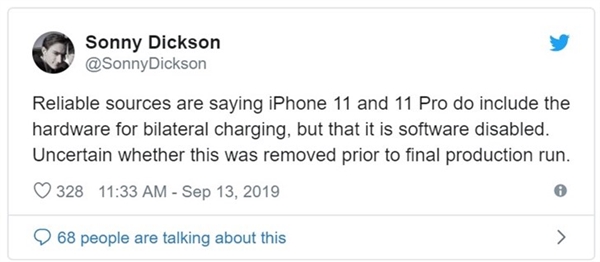 iPhone 11被曝支持反向无线充电：最后时刻软件屏蔽
