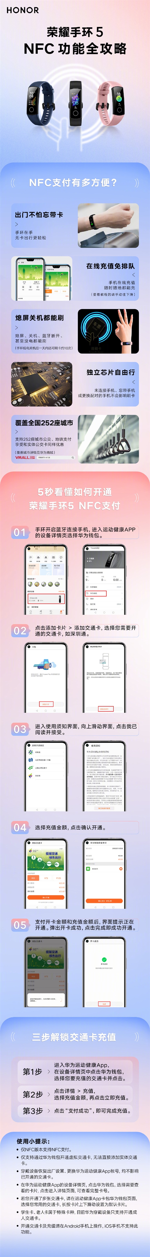 一图看懂：荣耀手环5 NFC版全攻略 关机没电都能刷