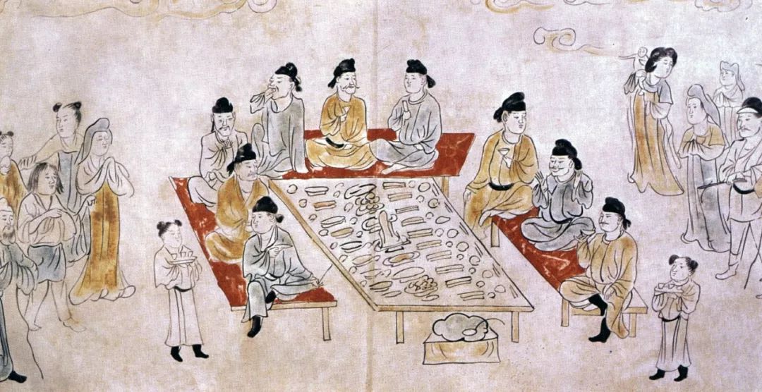 唐代宴饮图壁画, 饮酒吃肉的围坐男性和旁边站立的女性(1987年陕西长安县出土)
