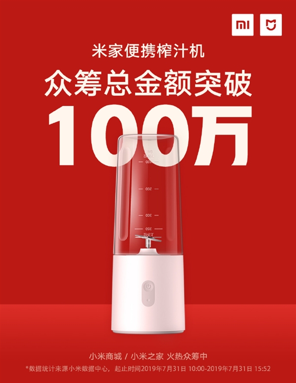 89元 米家便携榨汁机众筹金额破100万元