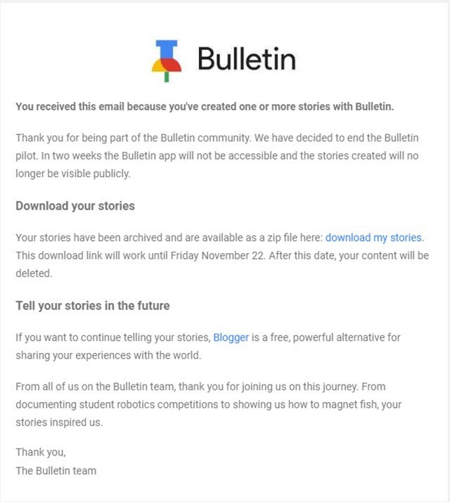 谷歌本地新闻应用Bulletin将在11月关闭