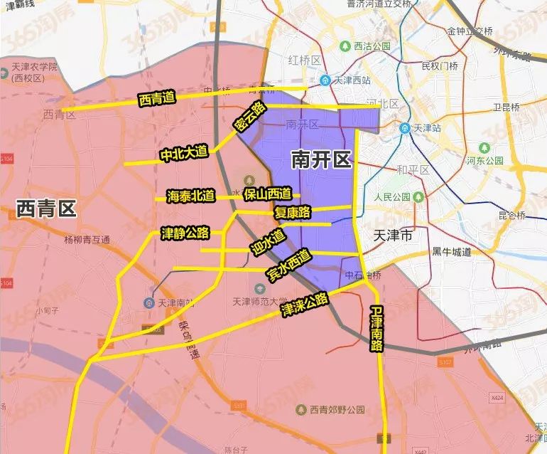 相比而言,津南区的路网就显得稀疏很多了.