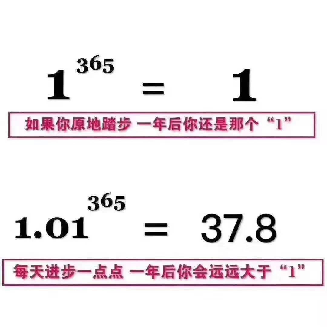 如果你原地踏步,一年后你还是那个1,每天进步一点点,一年后你会远远