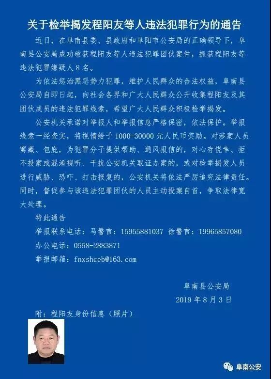 县政府和阜阳市公安局的正确领导下,阜南县公安局成功破获程阳友等人