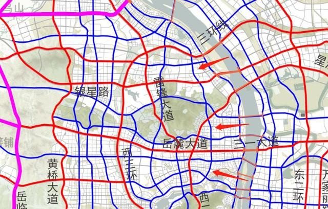 下图中红色道路为快速路,西至东依次为:黄桥大道,西三环,雷锋大道,西