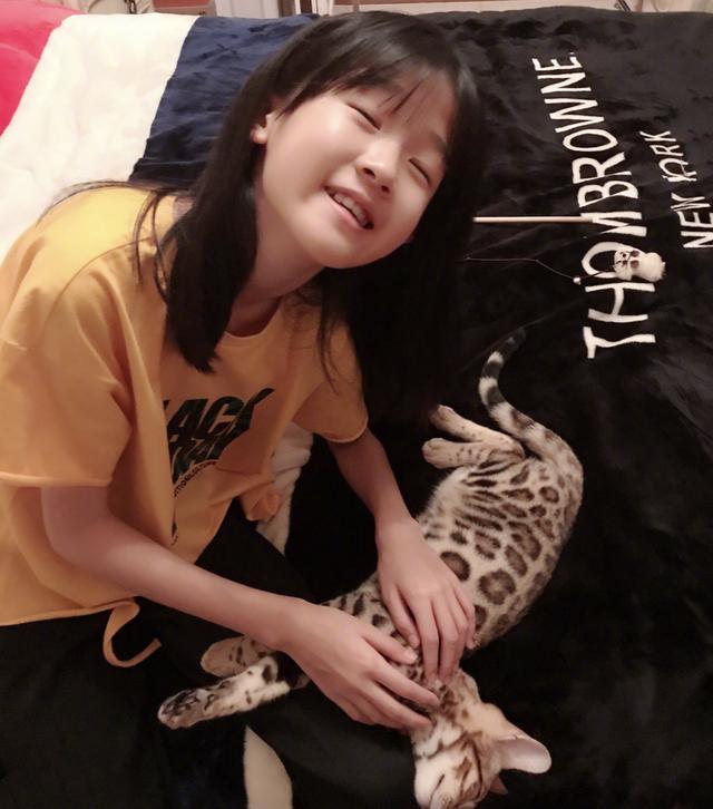 陆毅晒女儿甜美近照，贝儿收养豹纹宠物猫，开心到表情失控