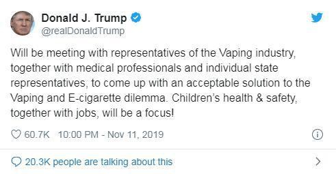 「中国新闻网」特朗普或放宽香味电子烟禁令 将会晤电子烟产业倡导者