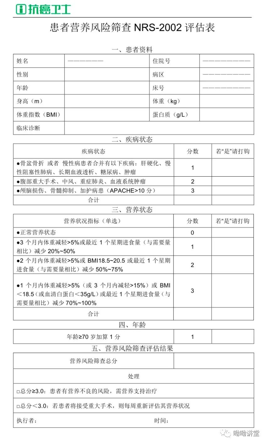 目前临床上使用较多的是营养风险筛查2002(nrs 2002),该表是由丹麦肠