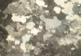 部分矿物沿裂隙集中;受蚀变作用影响,斜长石有非常强烈的绢云母化及硅