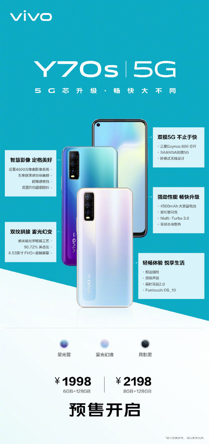 vivoy70s参数配置,vivox70参数配置表 vivo y70s提供了6gb 128gb,8gb 128gb两个配置选择,价格分别对应1998
