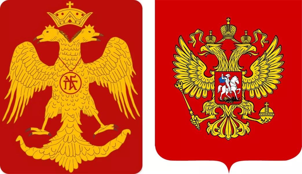 俄罗斯国徽(右)延用了拜占庭帝国双头鹰标志(左) 帝国是要为世界