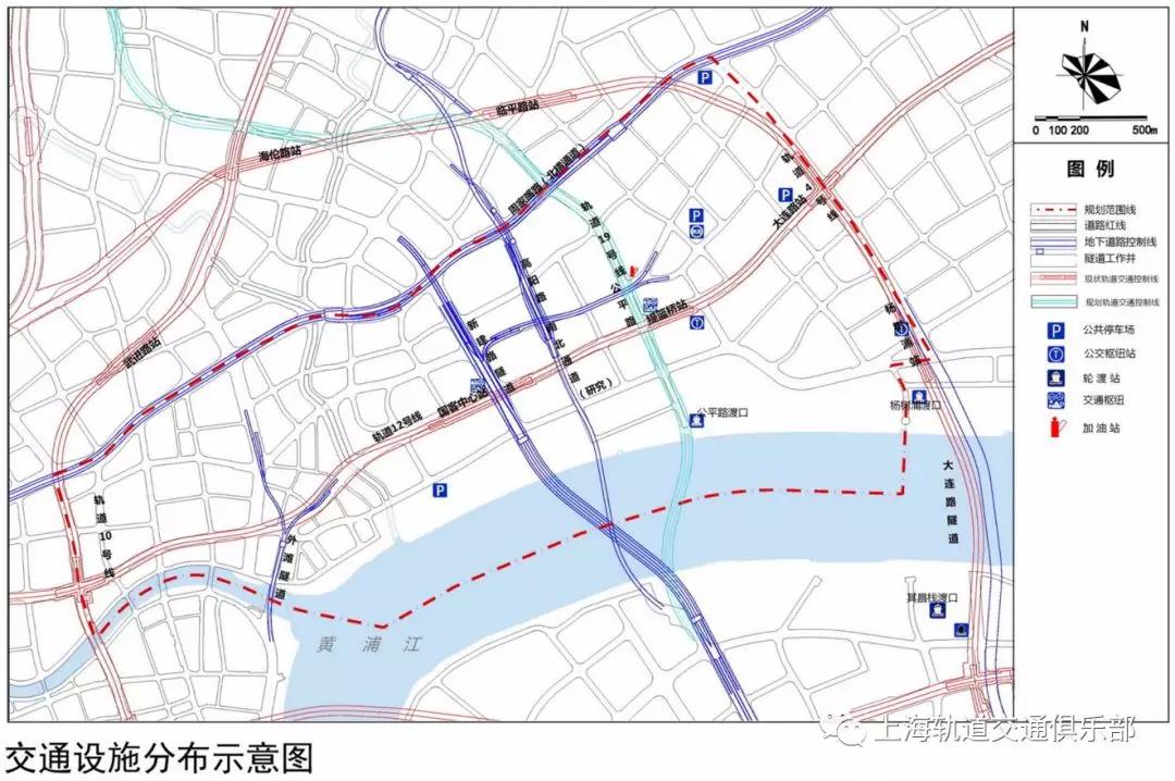 区域交通设施以外滩隧道,北横通道,南北通道,东西通道为骨架,促进