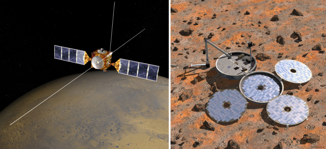 火星快车号(三根天线是测地雷达)和小猎犬2号艺术想象.
