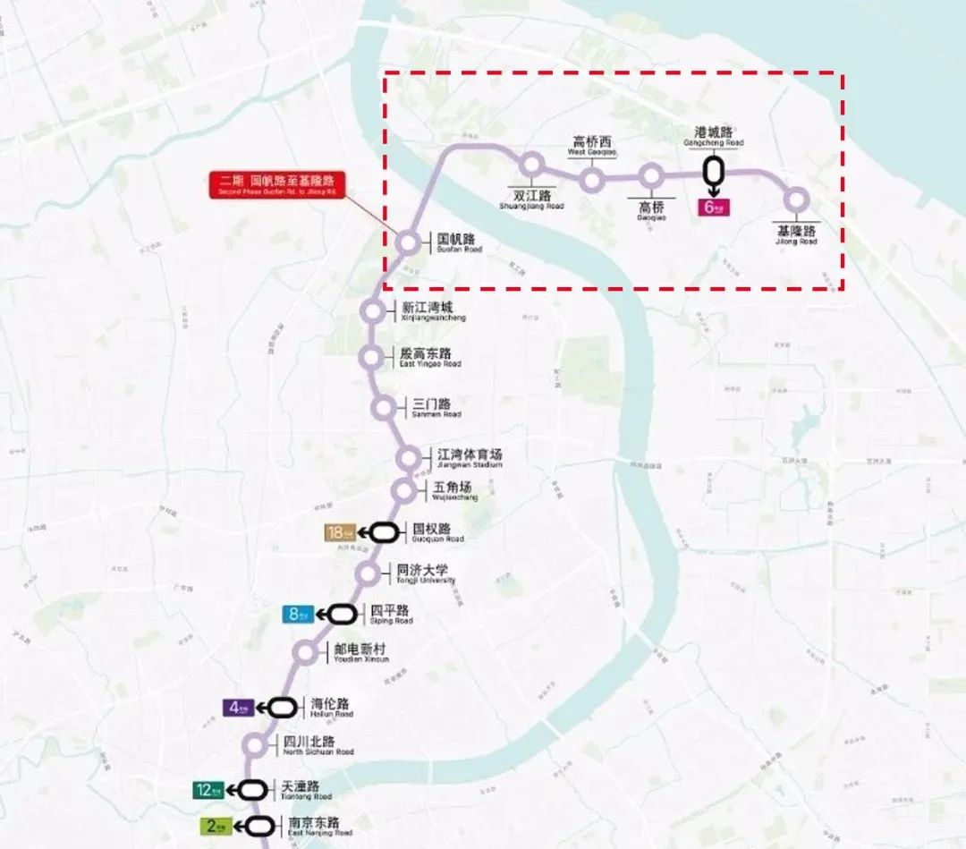 地铁10号线二期设国帆路站,双江路站,高桥西站,高桥站,港城路站,基隆