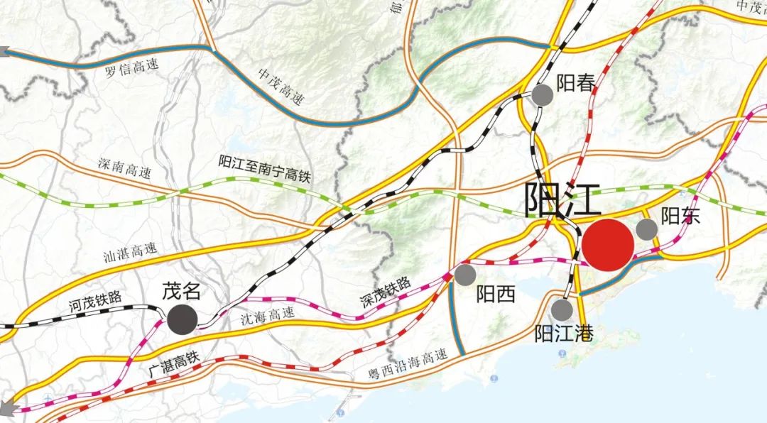 阳江境内规划里程约 58 公里,设置阳东站,阳江北站.设计速度 350km/h.