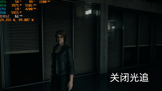 ↑《control》开启光线追踪32fps,关闭为61fps