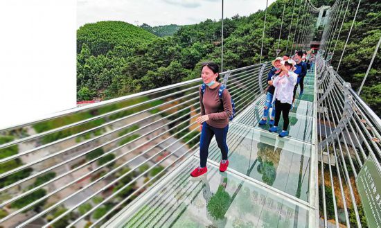 游客在南宁龙门水都景区体验惊险玻璃桥.记者赖有光摄