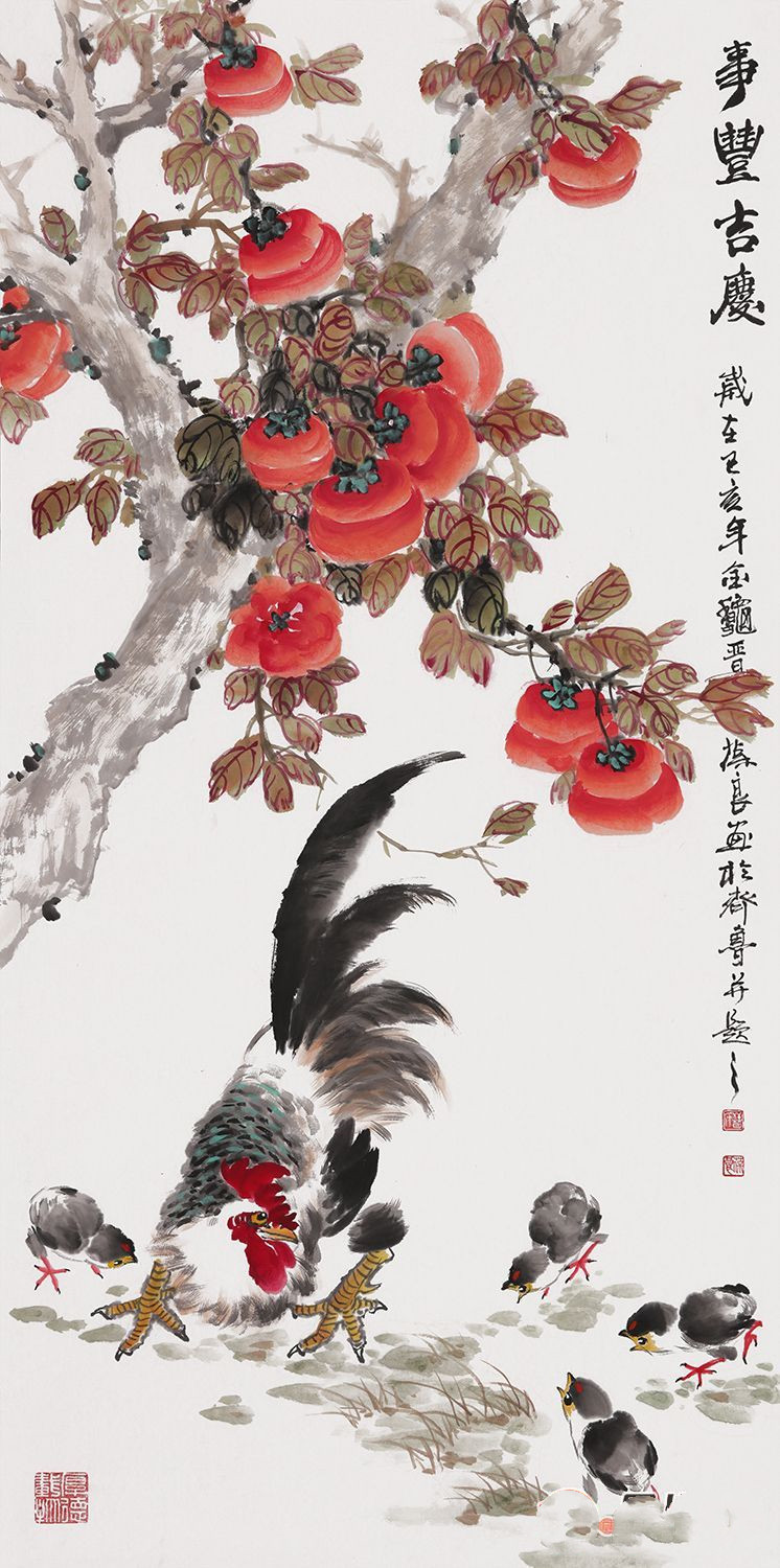 晋葆良老师的这幅作品,画面中不仅有柿子,还有这象征大吉大利的国画